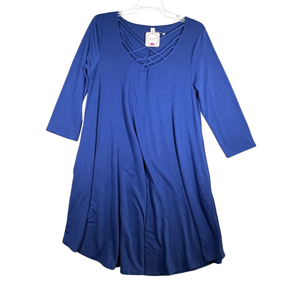 Zenana Premium Women's Sapphire Blue Criss Cross Neck‎ 3/4 Sleeve Swing Dress L